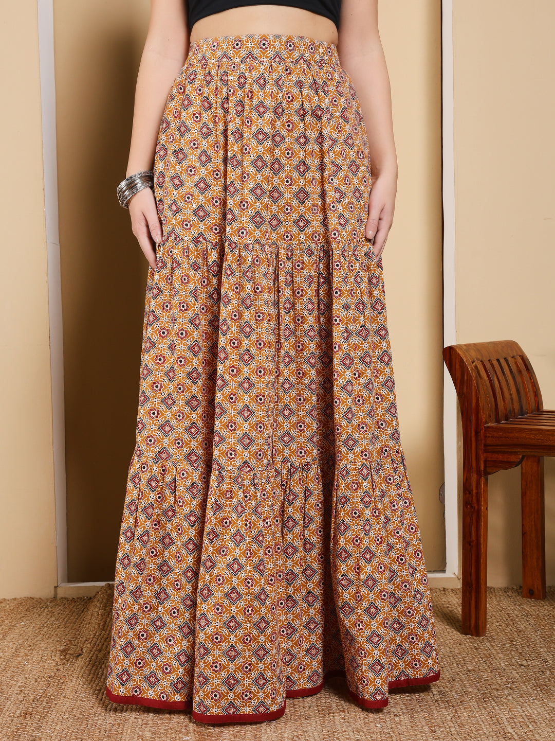 FIORRA Women's Mustard Yellow Printed Cotton Flared Skirt